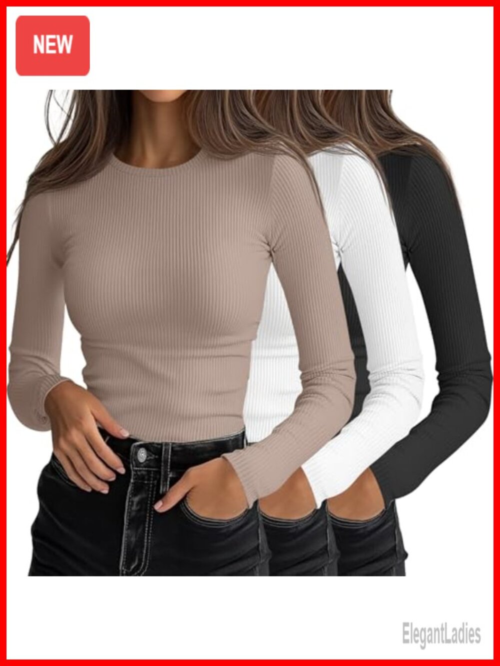 Ribbed Knit Long Sleeve Fitted Tops Slim Fit Crew Neck 3 Pack